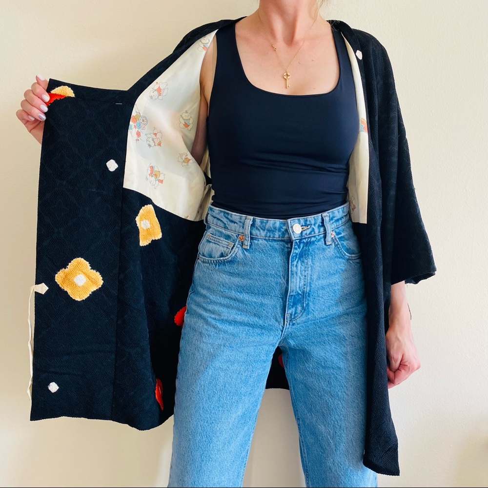 Vintage black floral boho satin kimono cardigan jacket